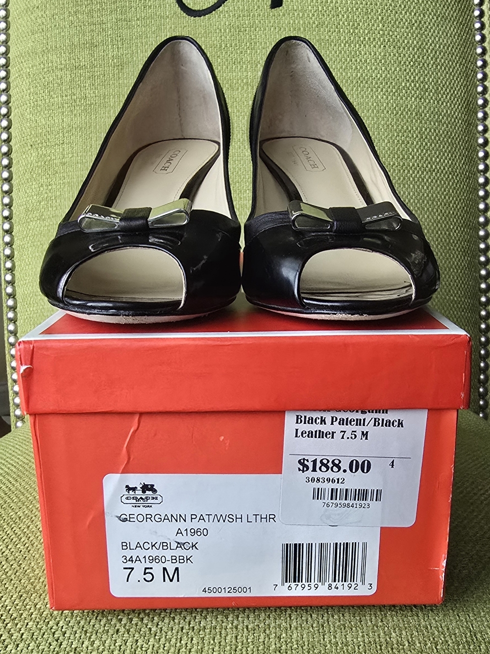 Coach Black Patent Leather Peep-Toe Wedge Pumps with Bow Accent - Picture 2 of 13